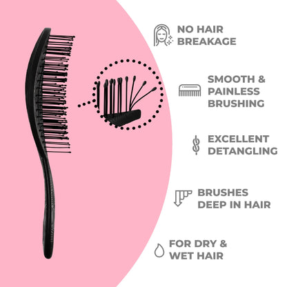 Organic Detangling Hair Brush for Women, Men & Children - Does Not Pull on Hair - Hair Straightening Brushes for Straight, Curly & Wet Hair - Unique Wave Hairbrush Black